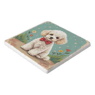 White adorable poodle with bow tie trivet