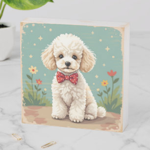 White adorable poodle with bow tie wooden box sign