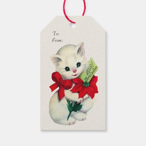 White Adorable Retro Christmas Kitten Red Bow   Gift Tags