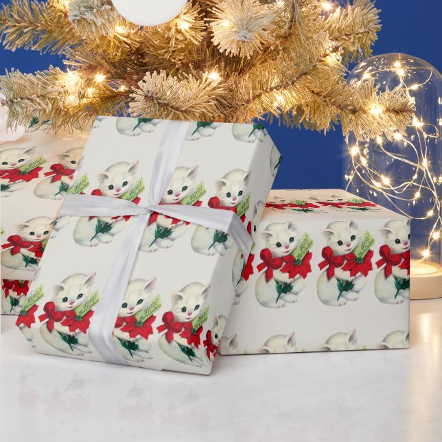 White Adorable Retro Christmas Kitten Red Bow  Wrapping Paper (Holidays)