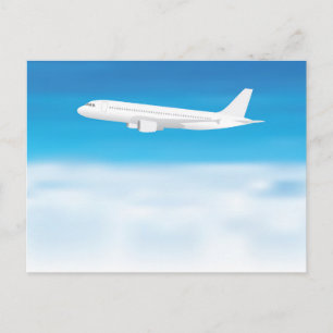 White aeroplane on blue sky cloud background postcard