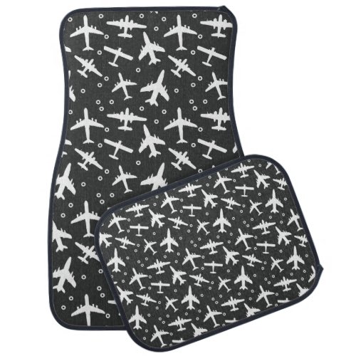 White Aeroplane Pattern on Dark Grey Aviation Car Floor Mat