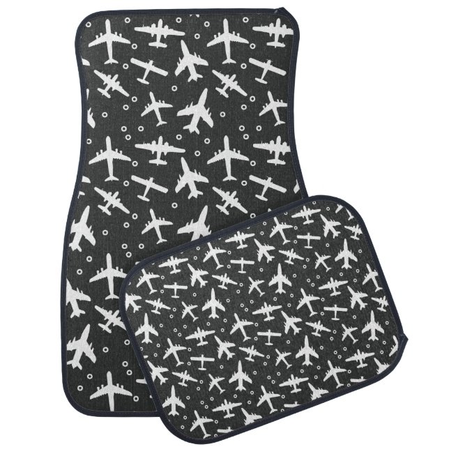 White Aeroplane Pattern on Dark Grey Aviation Car Floor Mat (Set)