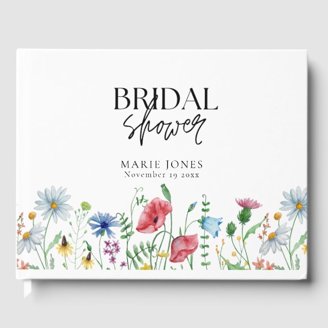 White Aesthetic Wildflowers Bridal Shower  Guest Book (Front)