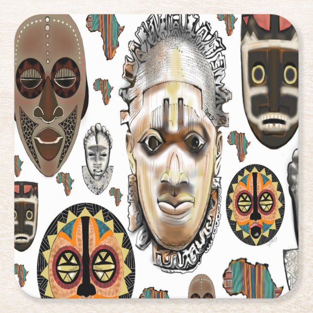 White African mask pattern Square Paper Coaster (Front)