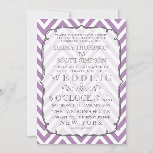 White &amp; African Violet Chevron Stripes Wedding Invite