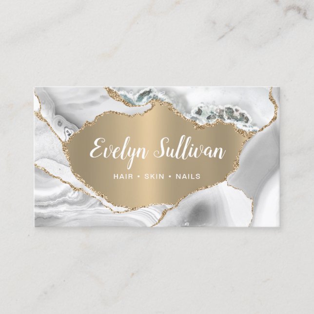 White Agate Faux Gold Foil business card (Front)