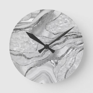 White Agate Silver Glitter Glam #1 (Faux Glitter) Round Clock