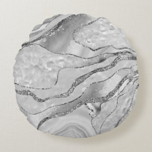 White Agate Silver Glitter Glam #1 (Faux Glitter) Round Pillow