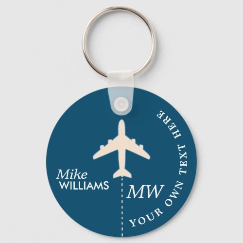 White Airplane on Blue Keychain with Name