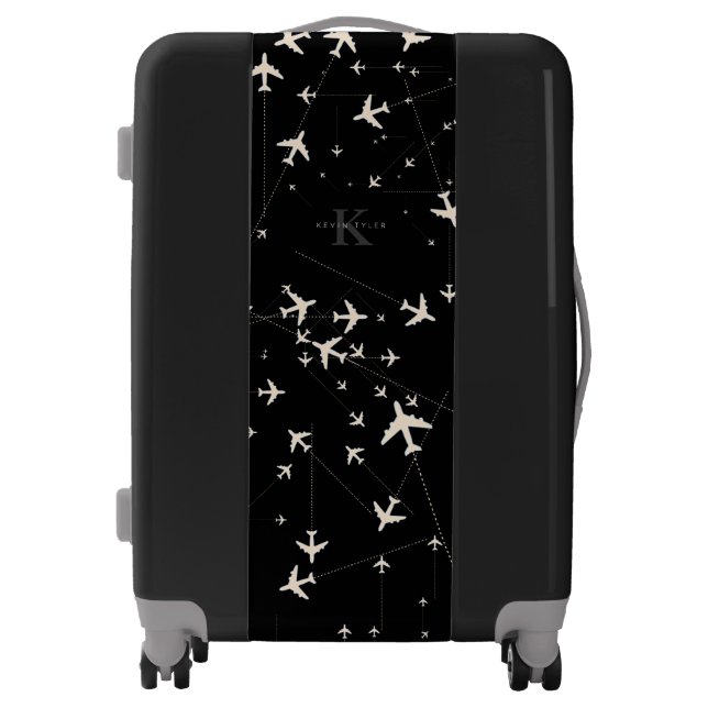white Airplanes on black luggage Monogrammed (Front)