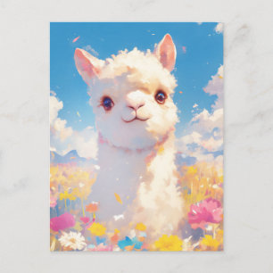 White Alpaca in Colorful Wildflower Field Postcard