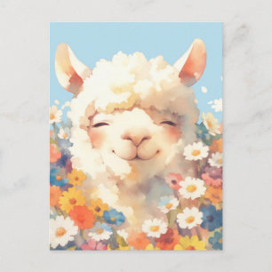 White Alpaca in Colorful Wildflower Garden Postcard