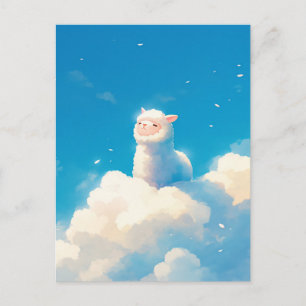 White Alpaca Sitting on Puffy Cloud Blue Sky Postcard