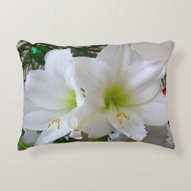 White Amaryllis and Christmas Tree Accent Pillow (Front)