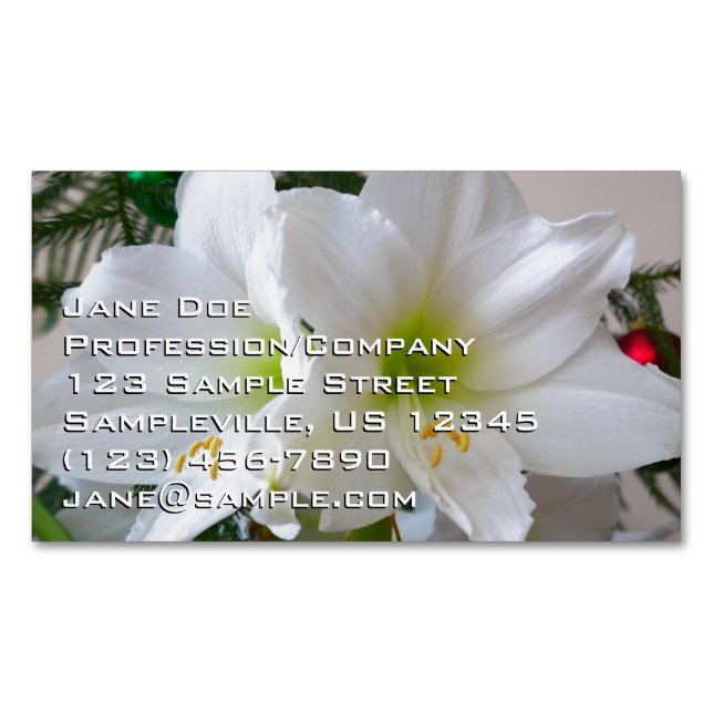 White Amaryllis and Christmas Tree Business Card Magnet (Front)