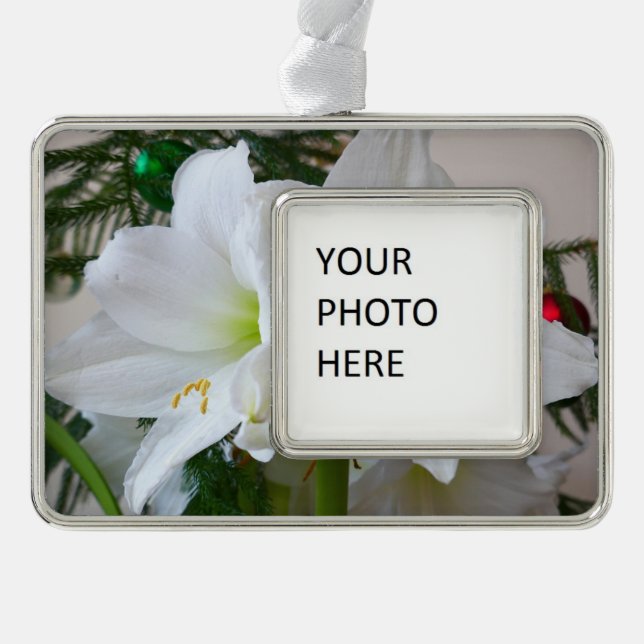 White Amaryllis and Christmas Tree Christmas Ornament (Front)