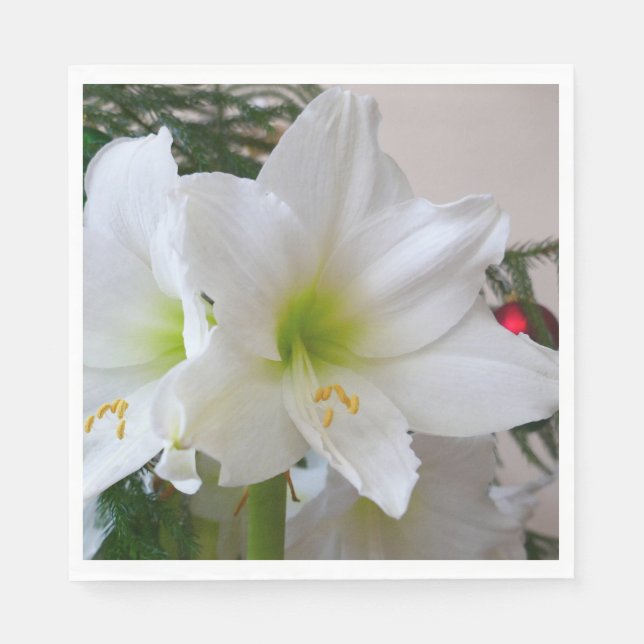 White Amaryllis and Christmas Tree Napkins (Front)