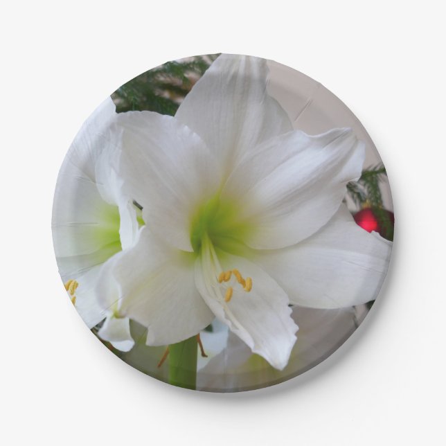 White Amaryllis and Christmas Tree Paper Plates (Front)