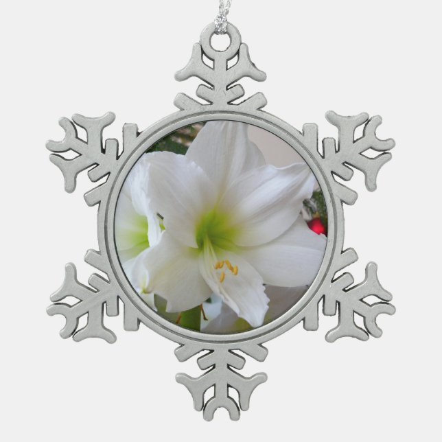 White Amaryllis and Christmas Tree Snowflake Pewter Christmas Ornament (Front)