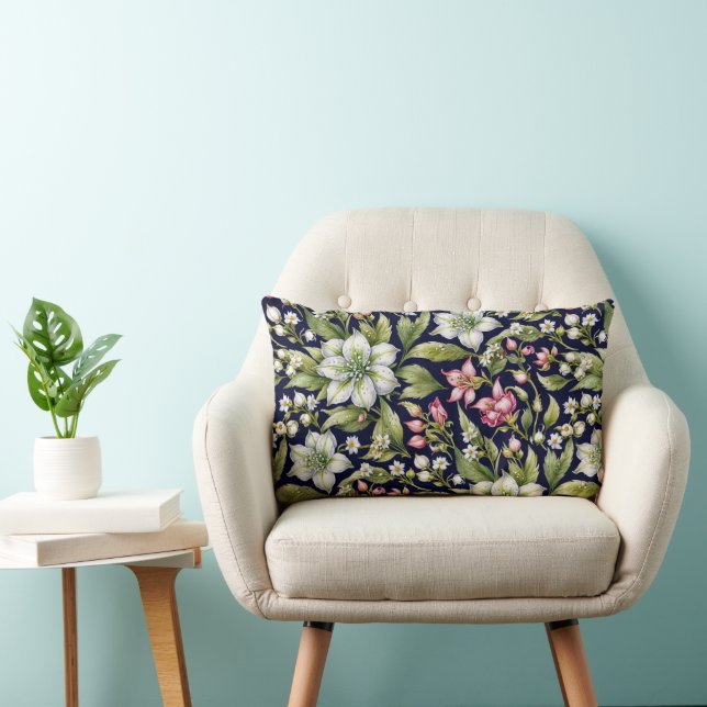 White Amaryllis and Pinks on Navy Lumbar Pillow (Chair)
