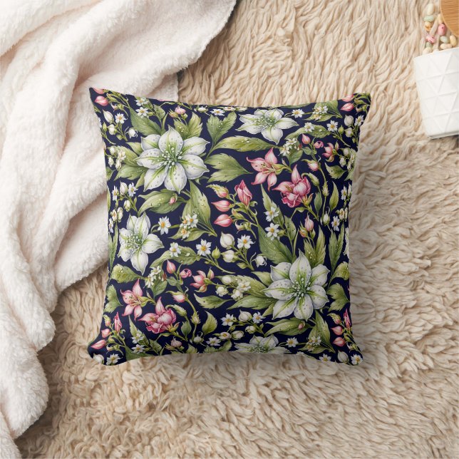 White Amaryllis and Pinks on Navy Throw Pillow (Blanket)