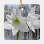 White Amaryllis and Snow I Ceramic Ornament