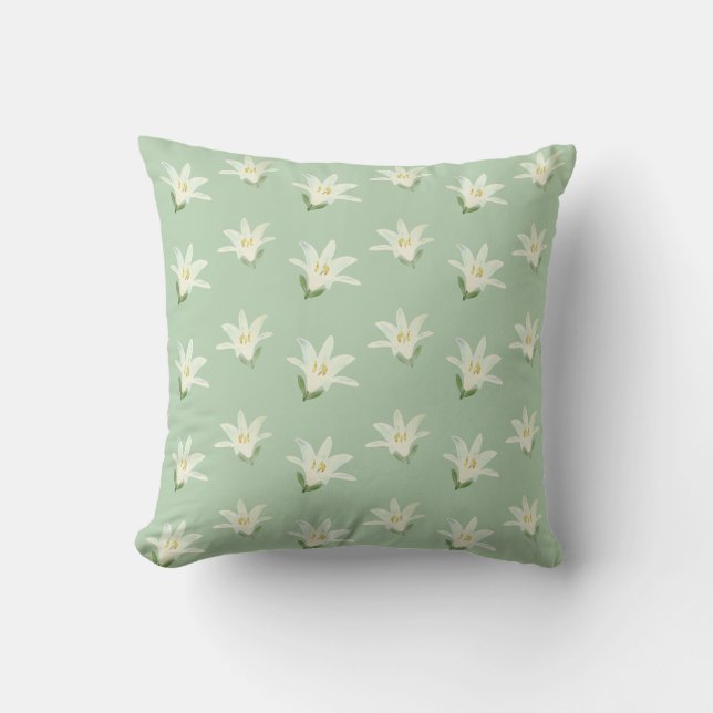 White Amaryllis Flowers on Light Green Throw Pillow (Front)