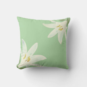 White Amaryllis Flowers on Light Lime Green Throw Pillow
