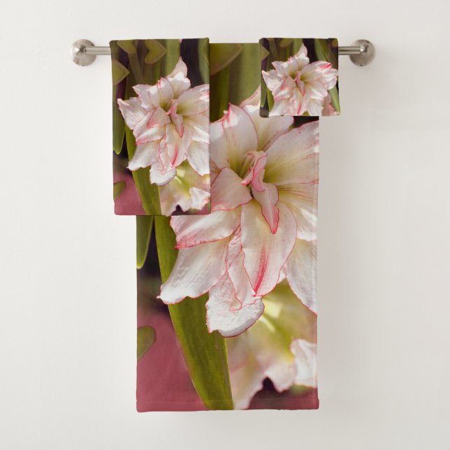 White Amaryllis or double-flowered Hippeastrum Bath Towel Set (Insitu)