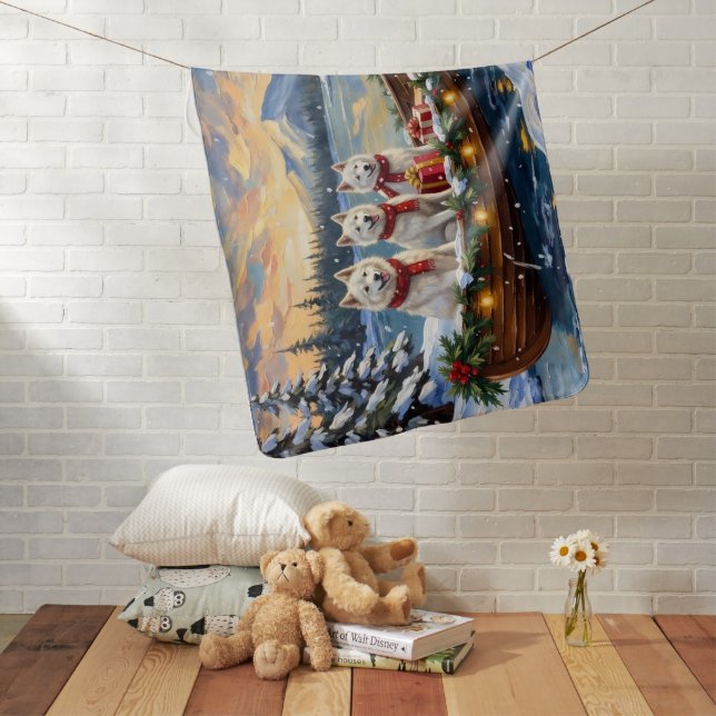 White American Eskimo Dog Christmas Boat Holiday Baby Blanket (In Situ)