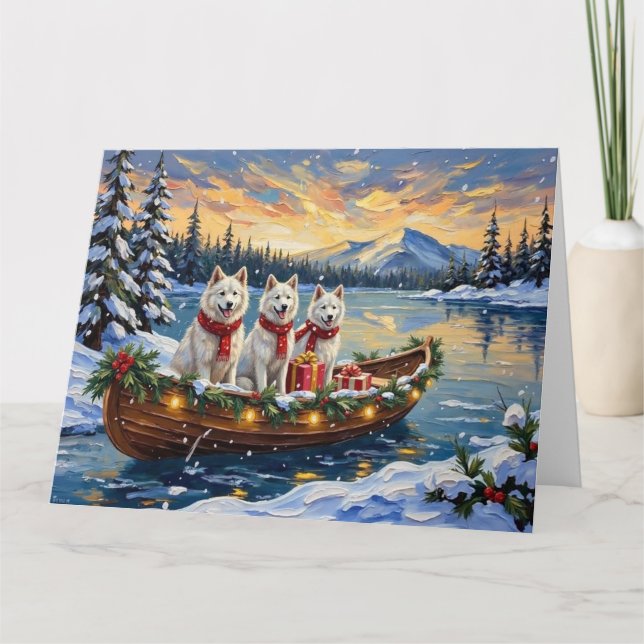 White American Eskimo Dog Christmas Boat Holiday Card (Front)