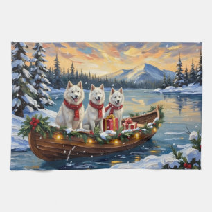 White American Eskimo Dog Christmas Boat Holiday Kitchen Towel