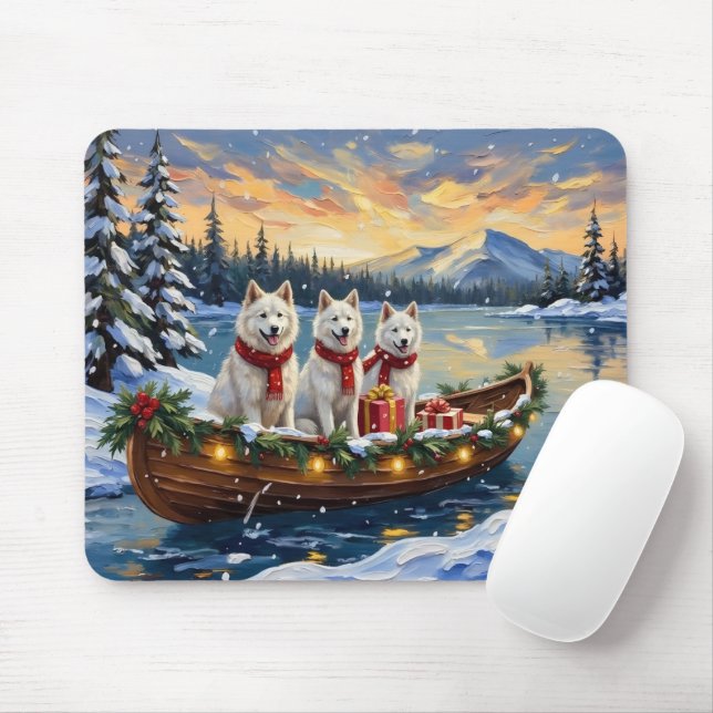 White American Eskimo Dog Christmas Boat Holiday Mouse Pad (With Mouse)
