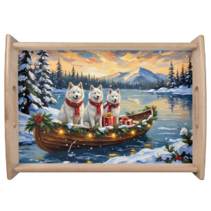 White American Eskimo Dog Christmas Boat Holiday Serving Tray