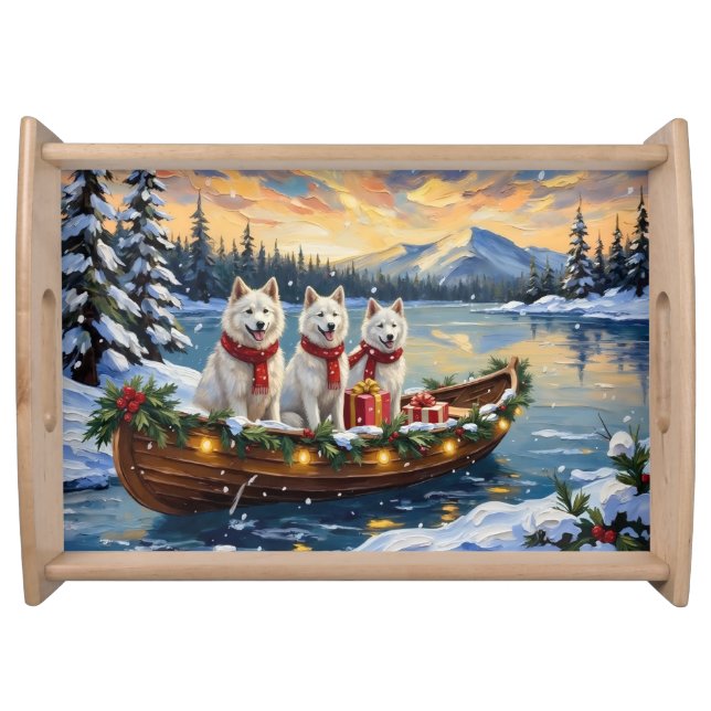 White American Eskimo Dog Christmas Boat Holiday Serving Tray (Front)