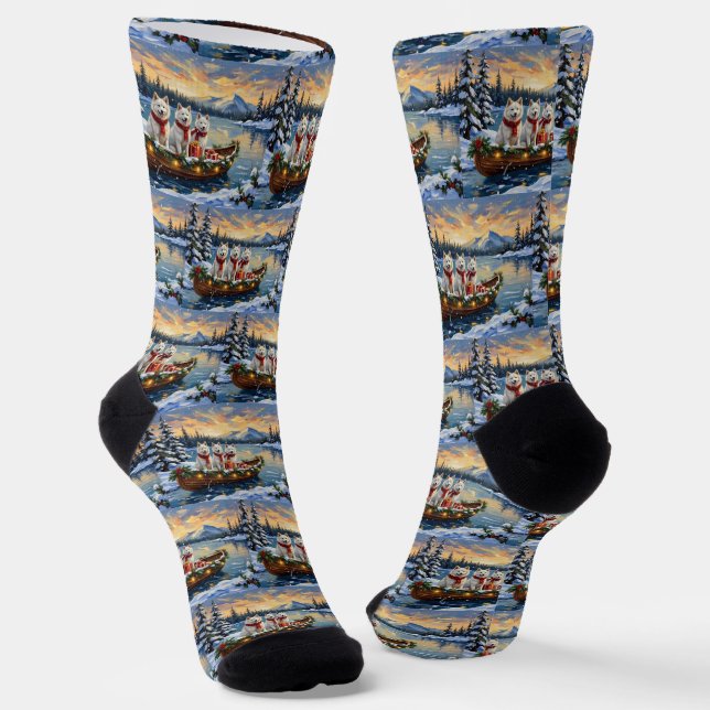 White American Eskimo Dog Christmas Boat Holiday Socks (Angled)