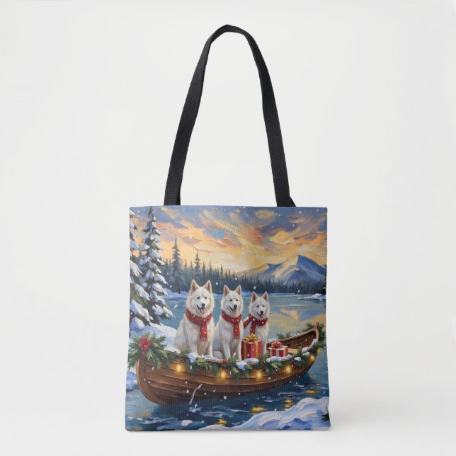White American Eskimo Dog Christmas Boat Holiday Tote Bag (Front)