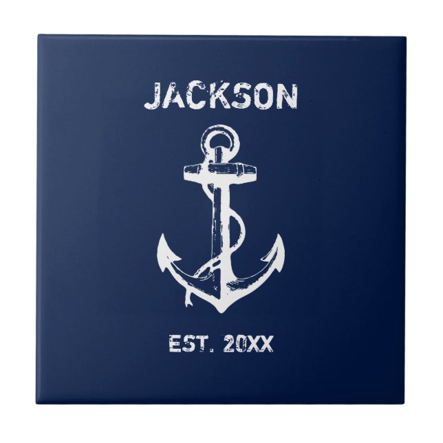 White Anchor and Navy Blue Background Ceramic Tile (Front)