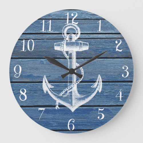 White Anchor And Vintage Blue Wood Large Clock