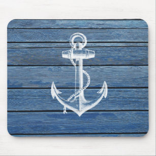 White Anchor And Vintage Blue Wood Mouse Pad