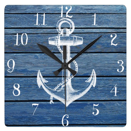 White Anchor And Vintage Blue Wood Square Wall Clock
