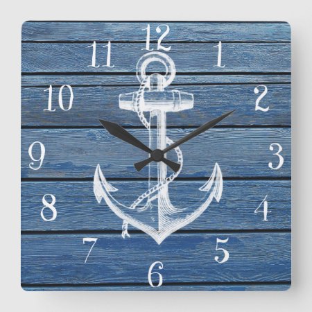 White Anchor And Vintage Blue Wood Square Wall Clock