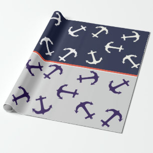 White Anchor Blue Background Captain Sea Ocean Wrapping Paper