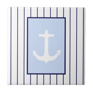White Anchor Captain Blue Stripes Sea Ocean Ceramic Tile