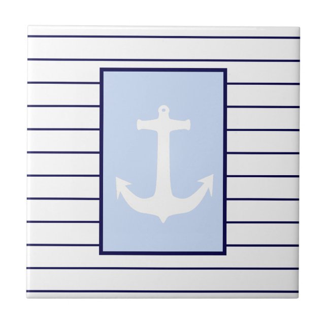 White Anchor Captain Blue Stripes Sea Ocean Ceramic Tile (Front)