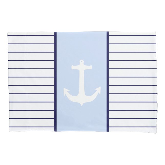 White Anchor Captain Blue Stripes Sea Sailor Pillow Case (Front)