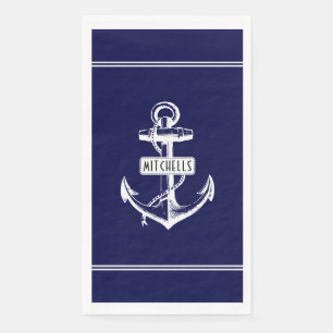 White anchor, lines and name on navy blue nautical paper guest towels