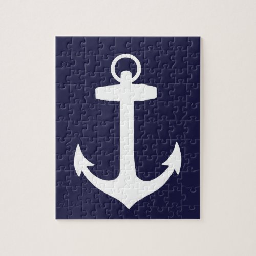 White Anchor on Navy Blue Background Jigsaw Puzzle