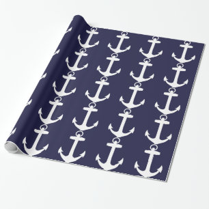 White Anchor on Navy Blue Background Wrapping Paper